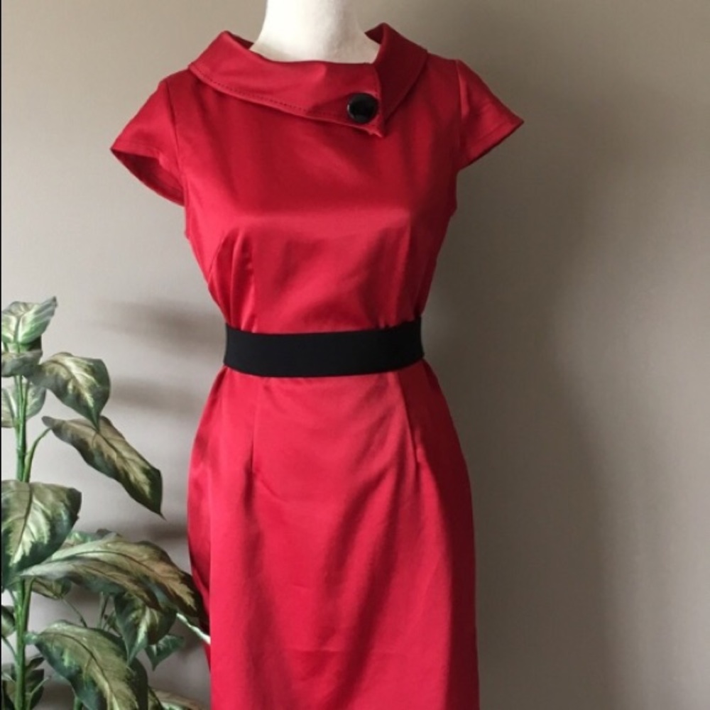 Red satin material dress.